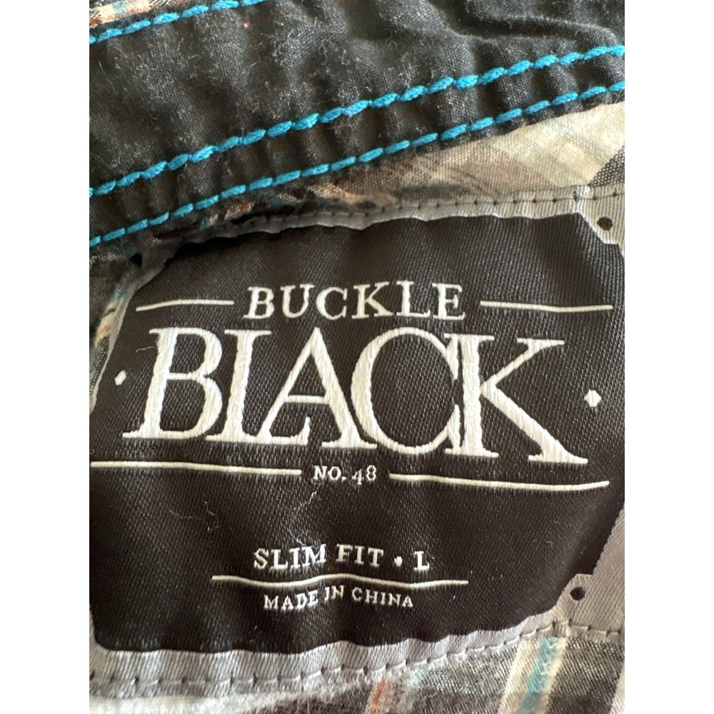 Buckle Black Shirt Men Large Slim Fit Black Teal Plaid Snap Button Western Rodeo - Picture 3 of 9